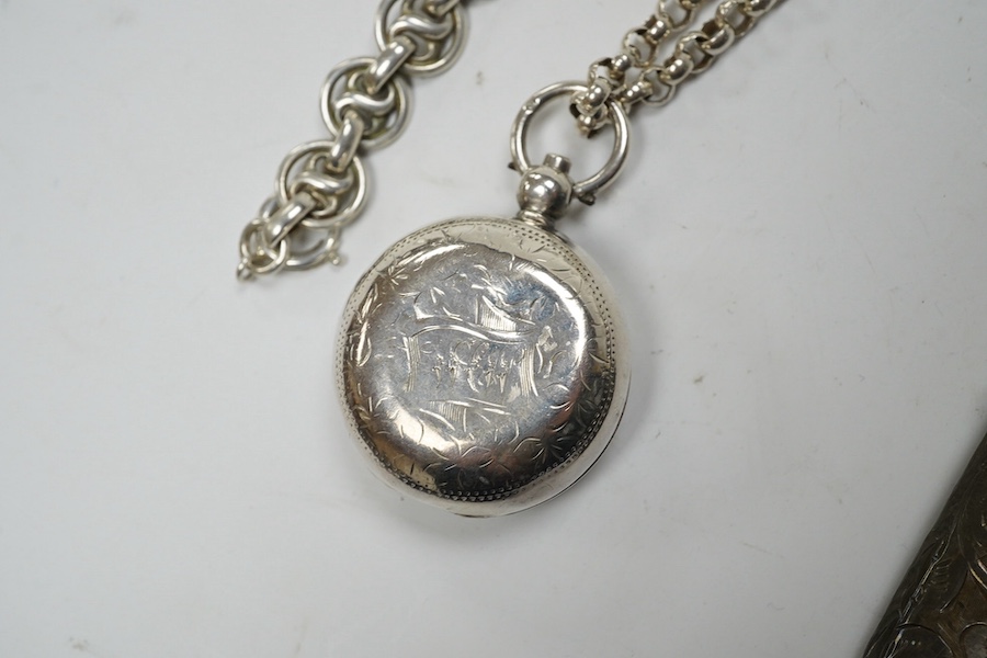 An Edwardian engraved silver sovereign case, Birmingham, 1905, on a silver chain, one other sterling chain, two silver vesta cases and a silver card case. Condition - poor to fair